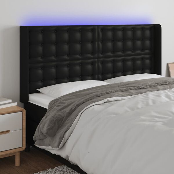 vidaXL gultas galvgalis ar LED, 163x16x118/128 cm, melna mākslīgā āda