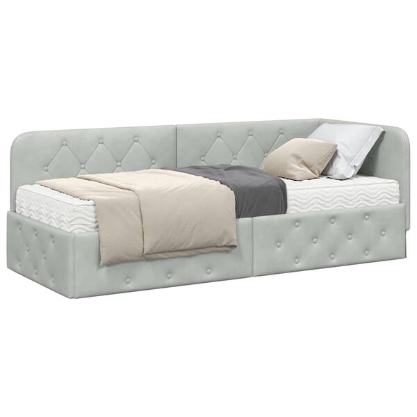 vidaXL Stūra gultas rāmis ar matraci Gaiši pelēks 80 x 200 cm Samts