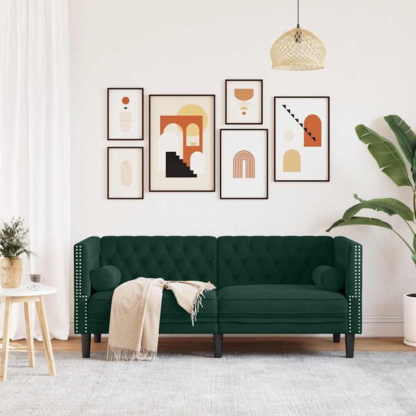 vidaXL Chesterfield dīvāns ar balstiem, divvietīgs, tumši zaļš samts