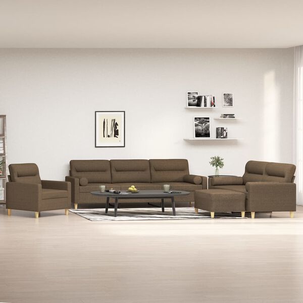 vidaXL četrdaļīgs dīvānu komplekts ar spilveniem, brūns audums