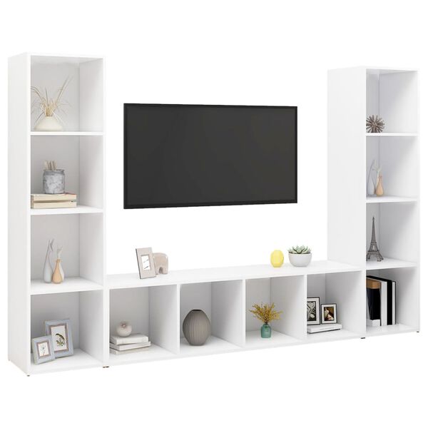 vidaXL TV plaukti, 3 gab., balti, 142,5x35x36,5 cm, inženierijas koks