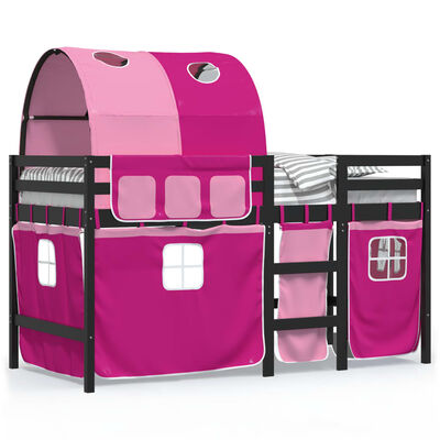 vidaXL bērnu augstā gulta ar tuneli, rozā, 90x200 cm, priede