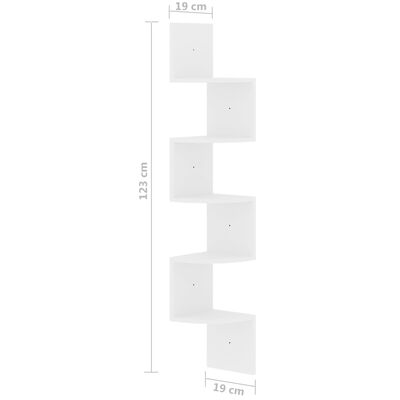 vidaXL sienas stūra plaukts, balts, 19x19x123 cm, inženierijas koks