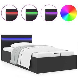 vidaXL hidraulisks gultas rāmis ar LED, melna mākslīgā āda, 90x200 cm