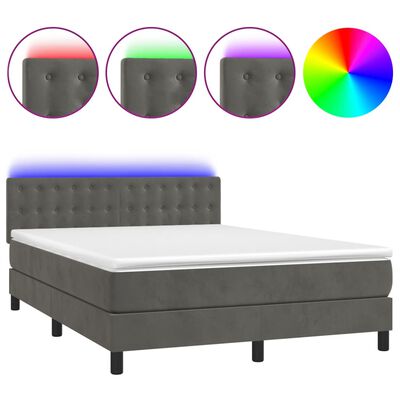 vidaXL atsperu gulta ar matraci, LED, tumši pelēks samts, 140x200 cm
