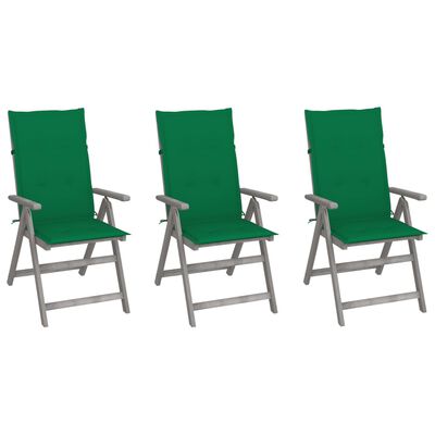 vidaXL atgāžami dārza krēsli ar matračiem, 3 gab., akācijas masīvkoks