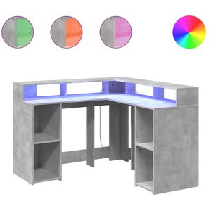 vidaXL rakstāmgalds, LED, pelēks, 130x130x91 cm, inženierijas koks