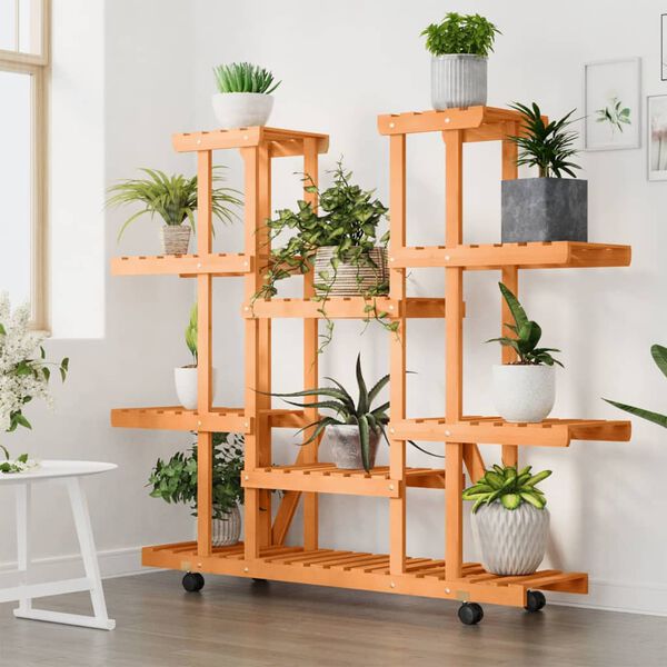 vidaXL puķu statīvs ar ritenī&scaron;iem, 110x25x115 cm, egles masīvkoks