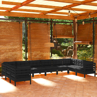 vidaXL 10-daļīgs dārza mēbeļu komplekts ar matračiem, melna priede