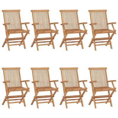 vidaXL dārza krēsli, 8 gab., krēmbalti matrači, masīvs tīkkoks