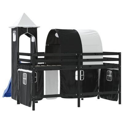 vidaXL bērnu augstā gulta ar torni, melni balta, 80x200 cm, priede