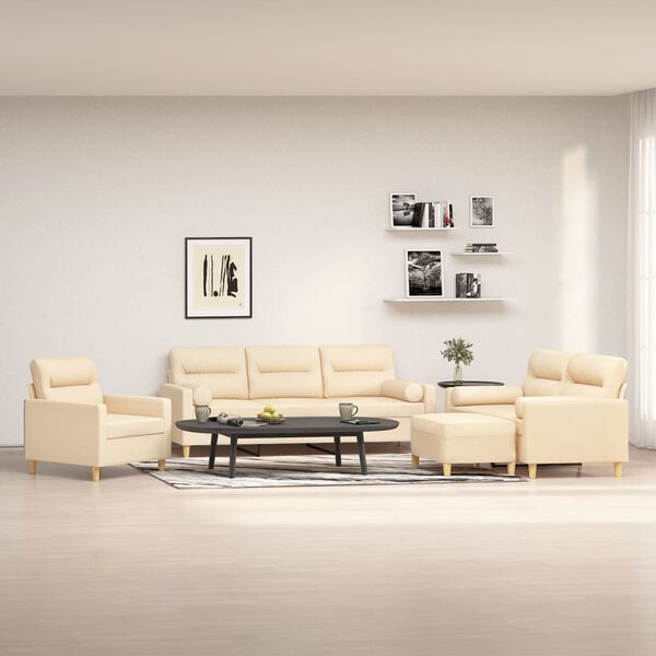 vidaXL četrdaļīgs dīvānu komplekts ar spilveniem, krēmkrāsas audums