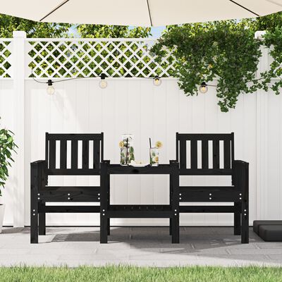 vidaXL dārza sols ar galdiņu, divvietīgs, melns, priedes masīvkoks