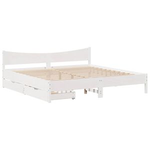 vidaXL gultas rāmis ar atvilktnēm, balts, 200x200cm, priedes masīvkoks