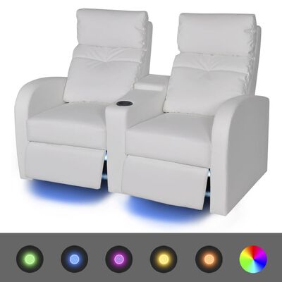vidaXL atgāžams atpūtas dīvāns ar LED, divvietīgs, balta mākslīgā āda