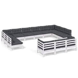 vidaXL 13-daļīgs dārza mēbeļu komplekts ar matračiem, balta priede