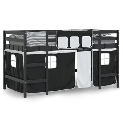 vidaXL bērnu gulta ar aizkariem, melni ar baltu, 80x200 cm, priede