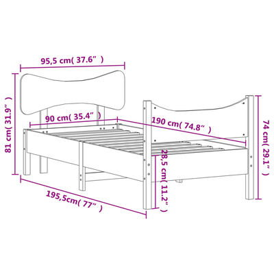 vidaXL gultas rāmis ar galvgali, balts, 90x190 cm, priedes masīvkoks