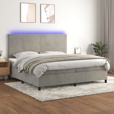 vidaXL atsperu gulta ar matraci, LED, gaiši pelēks samts, 200x200 cm