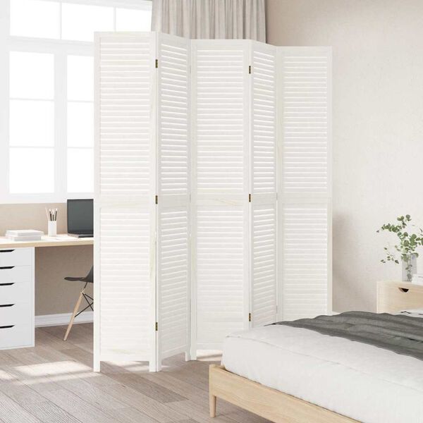 vidaXL 5-paneļu istabas aizslietnis, balts, paulonijas masīvkoks