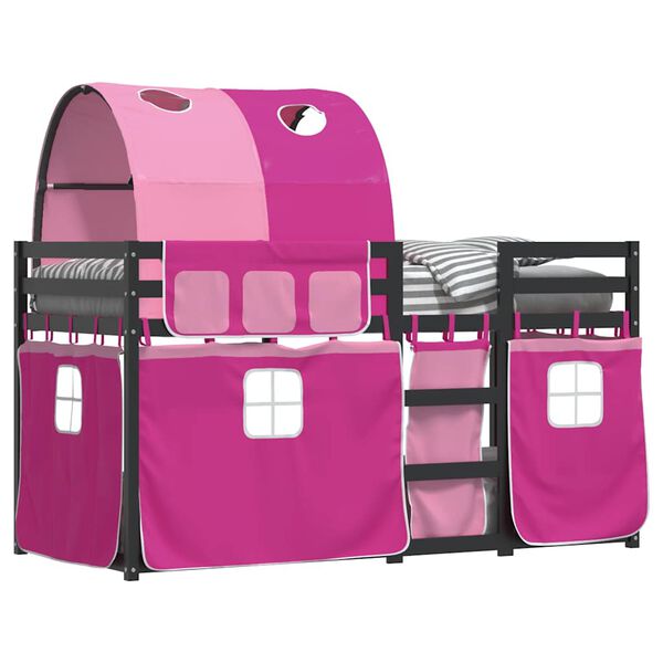 vidaXL bērnu gulta ar aizkariem, rozā, 90x190 cm, priedes masīvkoks