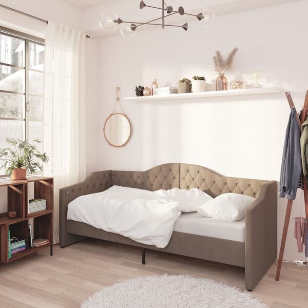 vidaXL dīvāngulta ar matraci, USB, pelēkbrūns audums, 90x200 cm