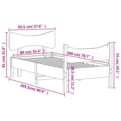 vidaXL gultas rāmis ar galvgali, priedes masīvkoks, 90x200 cm