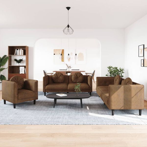 vidaXL trīsvietīgs dīvānu komplekts ar spilveniem, brūns samts