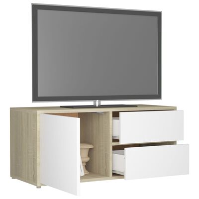 vidaXL TV skapītis, balta, ozolkoka krāsa, 80x34x36 cm, skaidu plāksne