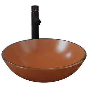 vidaXL vannasistabas izlietne ar krānu un noteku, brūns rūdīts stikls