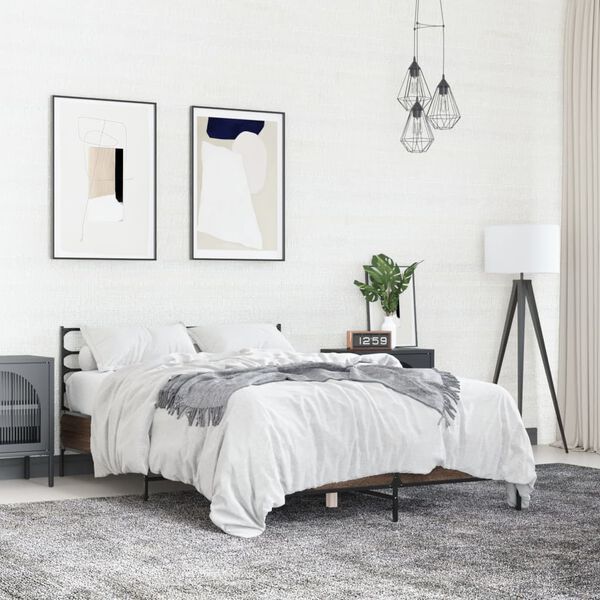 vidaXL gultas rāmis, brūna ozola, 140x200cm, inženierijas koks, metāls