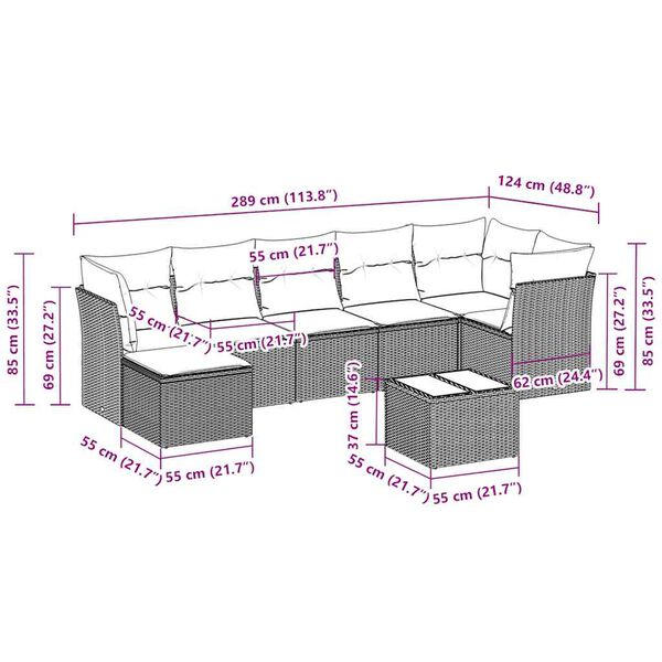 vidaXL 8-daļīgs dārza dīvāna komplekts,matrači, gai&scaron;i pelēka PE pinums