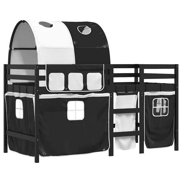 vidaXL bērnu augstā gulta ar tuneli, melni balta, 90x190 cm, priede