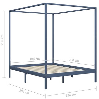 vidaXL gultas rāmis ar nojumi, pelēks, 180x200 cm, priedes masīvkoks