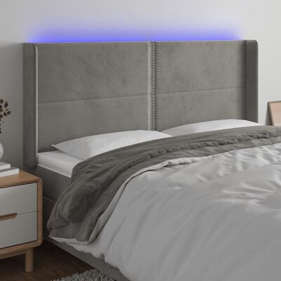 vidaXL gultas galvgalis ar LED, 163x16x118/128 cm, gaiši pelēks samts
