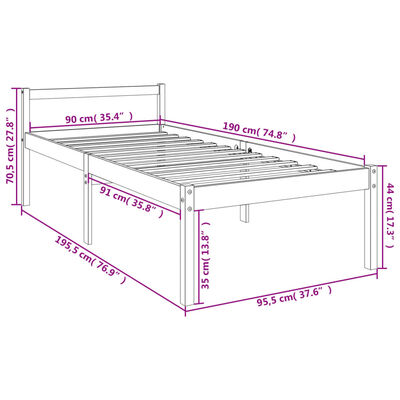 vidaXL senioru gultas rāmis, 90x190 cm, vienvietīgs, priedes masīvkoks