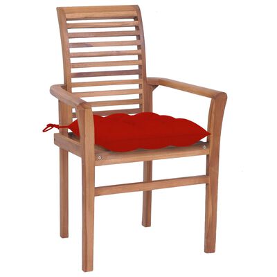 vidaXL virtuves krēsli, 2 gab., sarkani matrači, masīvs tīkkoks