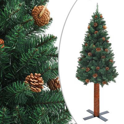 vidaXL Ziemassvētku egle ar dabīgu koku un čiekuriem, zaļa, 210cm, PVC