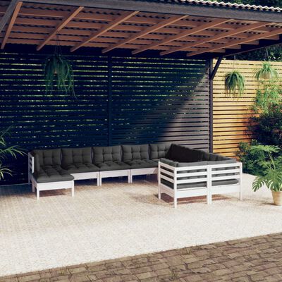 vidaXL 10-daļīgs dārza mēbeļu komplekts ar matračiem, balta priede