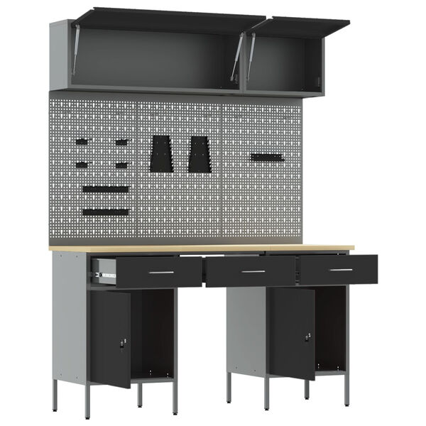 vidaXL Darbagalds ar atvilktni 8 pcs Melna 150 x 55 x 200 cm Tērauds