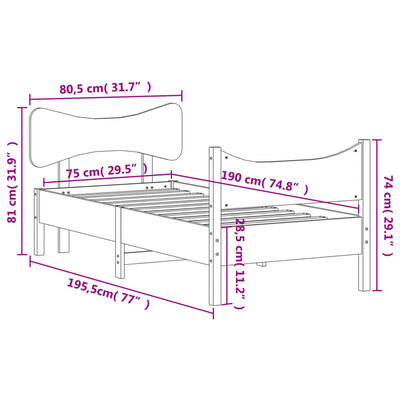 vidaXL gultas rāmis ar galvgali, 75x190 cm, priedes masīvkoks
