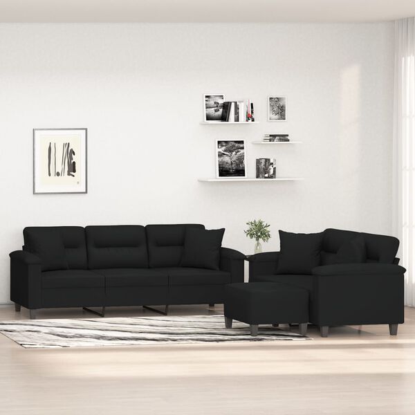 vidaXL trīsdaļīgs dīvānu komplekts ar spilveniem, melns audums