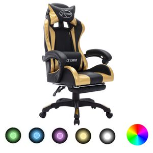 vidaXL biroja krēsls, RGB LED gaismas, zelta un melna mākslīgā āda