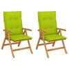 vidaXL dārza krēsli, 2 gab., spilgti zaļi matrači, masīvs tīkkoks