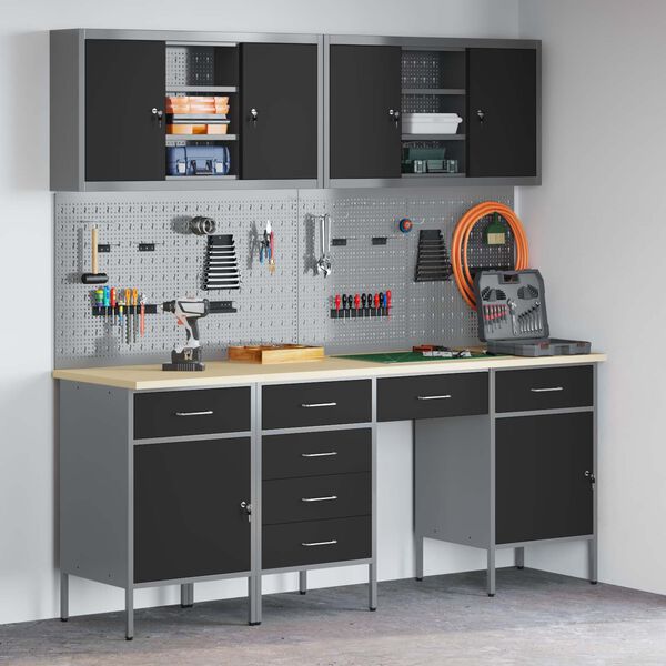 vidaXL Darba skapis ar slēdzeni 10 pcs Melna Inženieru koks un tērauds