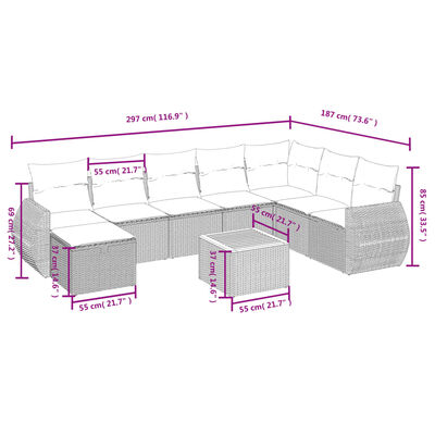 vidaXL 9-daļīgs dārza dīvāna komplekts, matrači, bēša PE rotangpalma