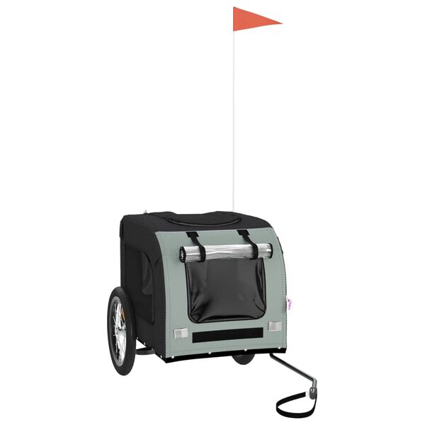 vidaXL mājdzīvnieku velo piekabe, melna ar pelēku, audums un dzelzs