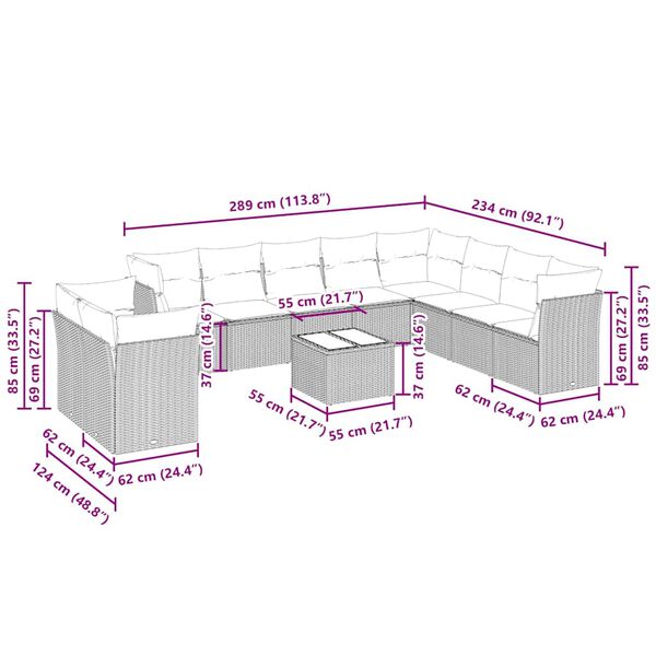 vidaXL 11-daļīgs dārza dīvāna komplekts ar matračiem, pelēka PE pinums