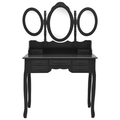 vidaXL spoguļgaldiņš ar tabureti un 3 spoguļiem, melns