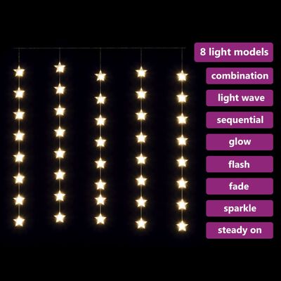 vidaXL LED lampiņu aizkars, 200 LED, silti balts, 8 funkcijas